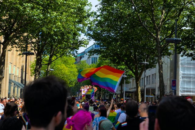 A rainbow flag is held high in a pride march.