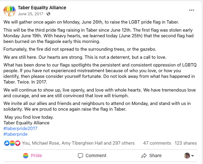 An Image if a Statement from the Taber Equality Alliance Society - June 24, 2017.