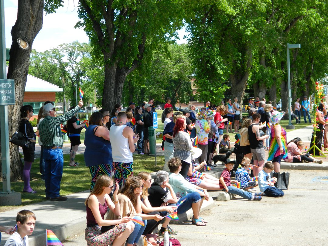 A larg Gather of people waiting to watch the Raising of the Taber Pride Flag - June 1, 2019.
