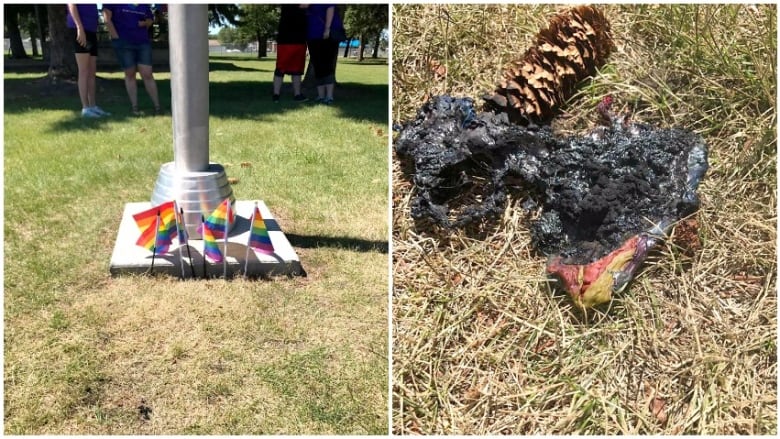 Two photos, one is of several smaller Pride Flags standing at the base of a flag pole, and the second photo is of the chard remains of a pride flag.